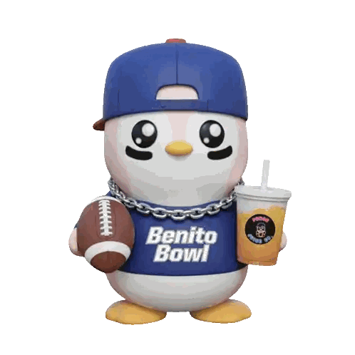 Penguin in Benito Bowl Shirt Holding Football and Drink