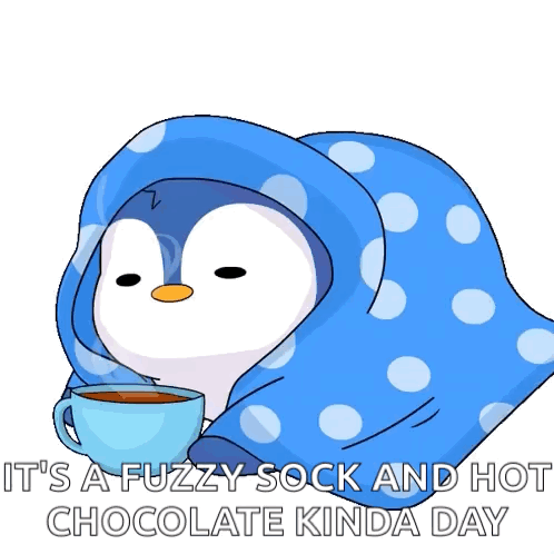 Penguin in Blue Polka Dot Blanket Holding Coffee