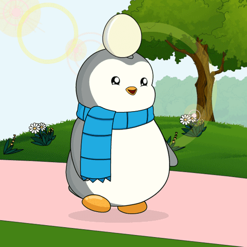 Penguin in Blue Scarf and White Ball on Head