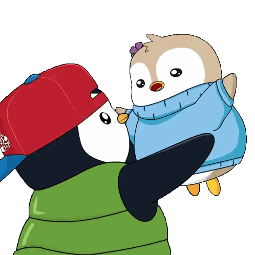 Penguin in Blue Sweater Held by Man in Red Hat