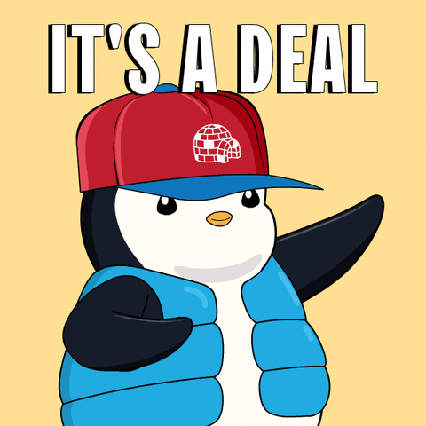 Penguin in Blue Vest and Red Hat Saying It's a Deal