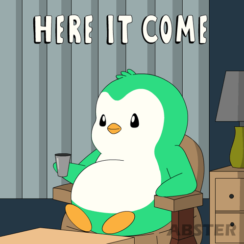 Penguin in Chair Holding Cup Here It Come