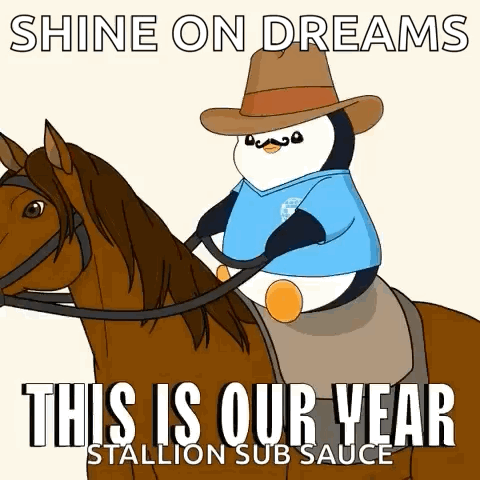 Penguin in Cowboy Hat Riding Horse
