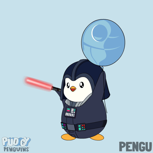 Penguin In Darth Vader Costume Holding Balloon GIF