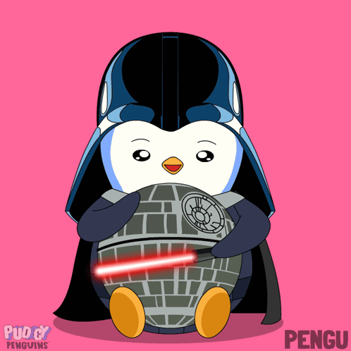 Penguin In Darth Vader Helmet Holding Death Star GIF