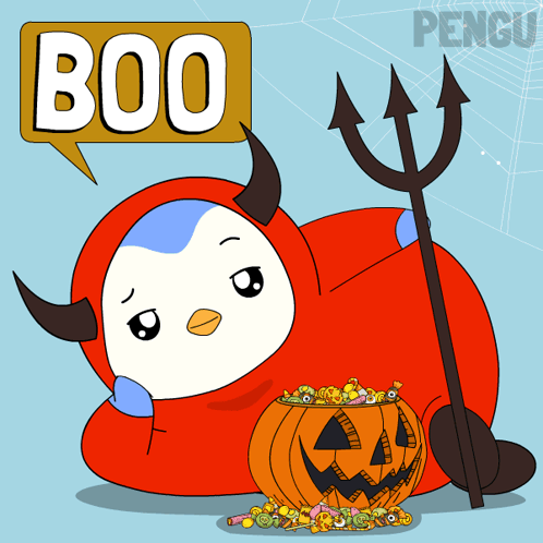 Penguin in Devil Costume With Trident and Pumpkin