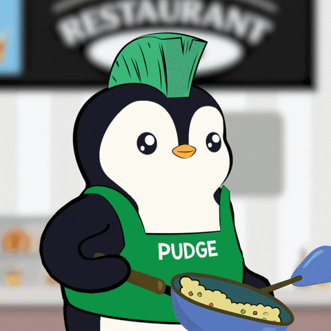 Penguin In Green Apron Saying Pudge GIF
