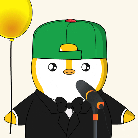 Penguin in Green Hat Holding Yellow Balloon and Microphone