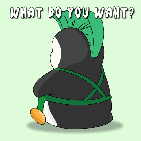 Penguin in Green Mohawk and Green Apron What Do You Want