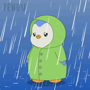 Penguin in Green Raincoat in Rain