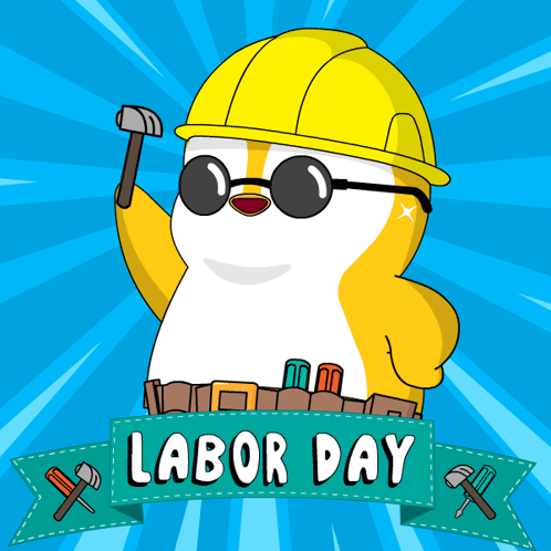 Penguin in Hard Hat Holding Hammer Labor Day