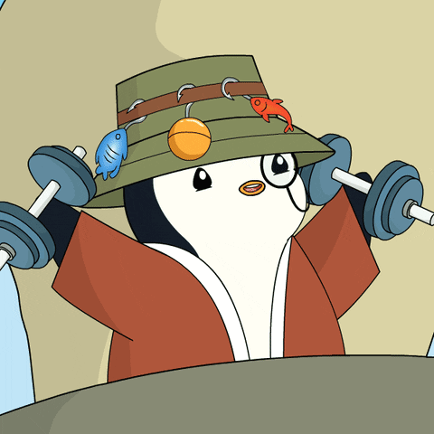 Penguin in Hat and Kimono Lifting Dumbbells