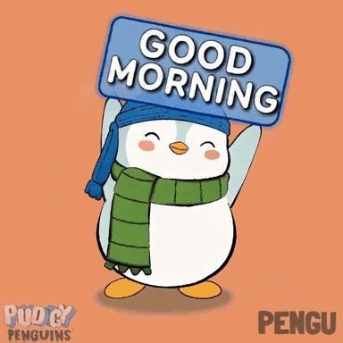 Penguin in Hat and Scarf Holding Good Morning Sign