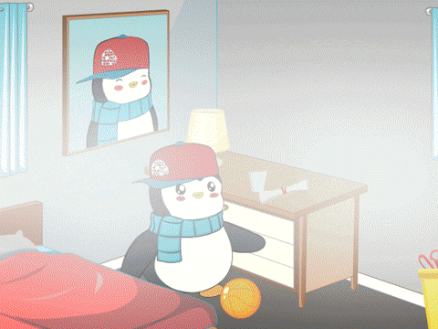 Penguin in Hat and Scarf Next to Bed