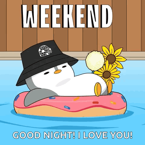 Penguin in Hat Floating on Donut in Pool