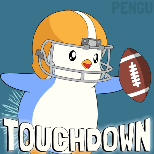 Penguin In Helmet Holding Football Saying Touchdown GIF