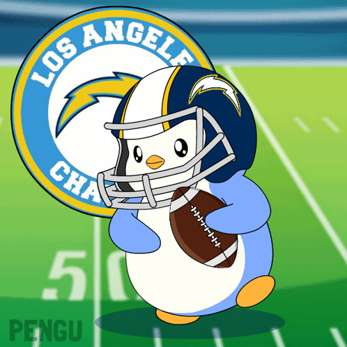 Penguin in Helmet Holding Football With LA Chargers Logo