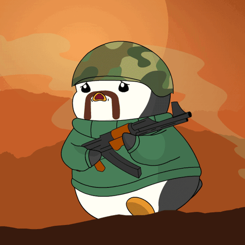 Penguin in Helmet Holding Rifle