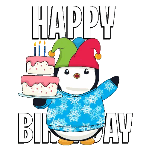 Penguin in Jester Hat Holding Birthday Cake