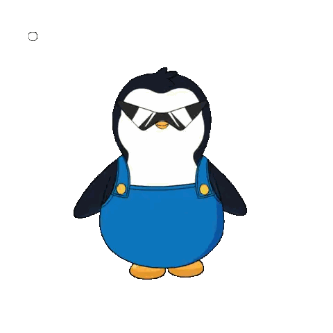 Penguin in Overalls Standing in Front of Shop Now