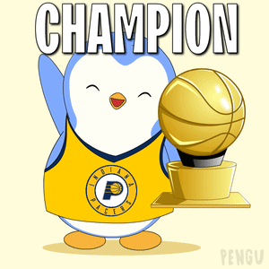Penguin in Pacers Jersey Holding Champion Trophy