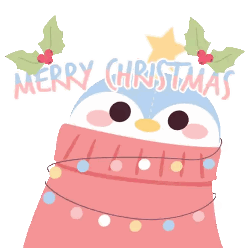 Penguin in Pink Scarf Saying Merry Christmas