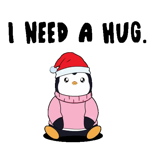 Penguin in Pink Sweater and Santa Hat Hugging