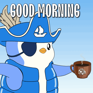 Penguin in Pirate Hat and Eye Patch Holding Coffee