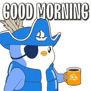 Penguin in Pirate Hat Holding Coffee