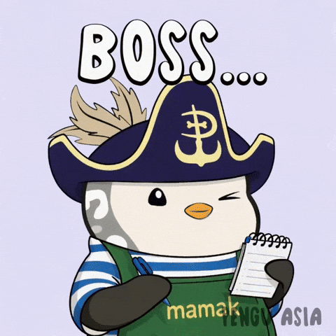 Penguin in Pirate Hat Holding Notepad Saying Boss