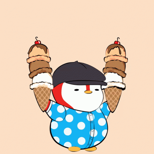Penguin in Polka Dot Shirt Holding Two Ice Cream Cones
