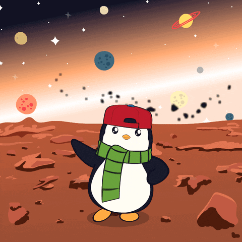 Penguin in Red Hat and Green Scarf on Rocky Planet