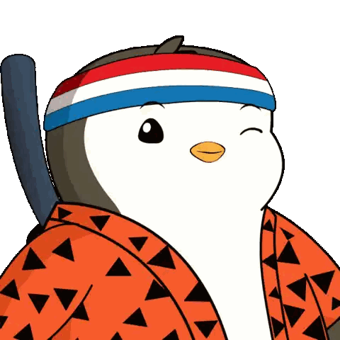 Penguin in Red, White, Blue Headband and Orange Shirt