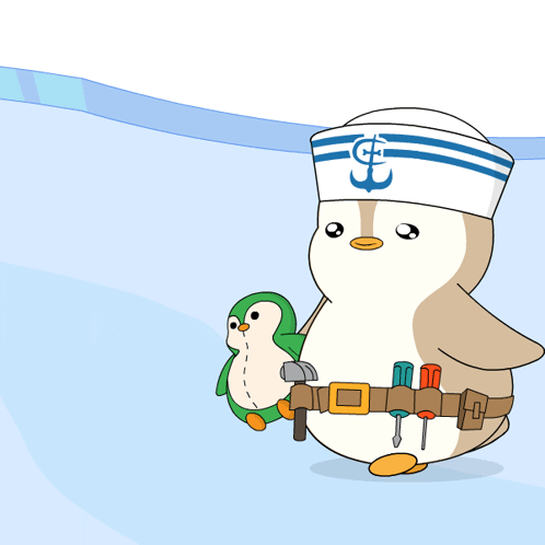Penguin in Sailor Hat Holding Green Penguin