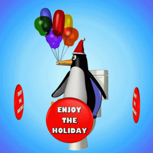 Penguin in Santa Hat Holding Balloons Enjoy the Holiday Sign