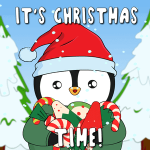 Penguin In Santa Hat Holding Candy Canes Saying It's Christmas Time GIF