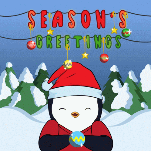 Penguin in Santa Hat Holding Christmas Ball Under Season's Greetings Banner