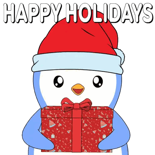 Penguin in Santa Hat Holding Gift Box