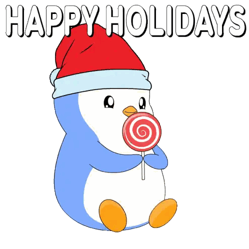 Penguin in Santa Hat Holding Lollipop Happy Holidays