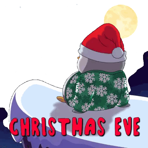 Penguin in Santa Hat on Snowy Cliff Christmas Eve