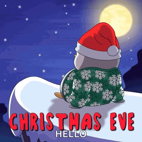 Penguin In Santa Hat Sitting On Snowy Hill Looking At Moon GIF