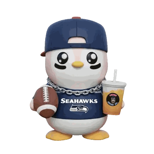 Penguin in Seahawks Jersey Holding Football and Orange Juice