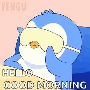Penguin In Sleep Mask Saying Hello Good Morning GIF