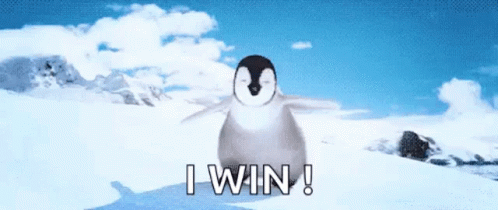 Penguin in Snow Saying I Win
