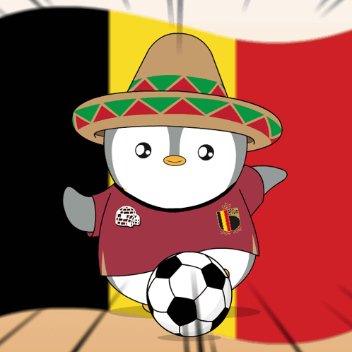 Penguin in Sombrero Kicking Soccer Ball Near Flag
