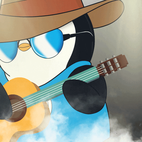 Penguin in Sunglasses and Hat Holding Guitar