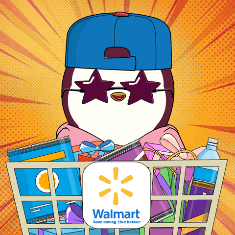 Penguin In Sunglasses And Hat Holding Walmart Basket GIF