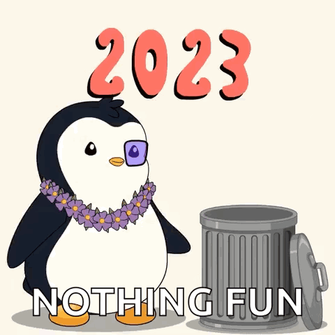 Penguin in Sunglasses and Lei Next to Trash Can Saying Happy 2024 Nothing Fun
