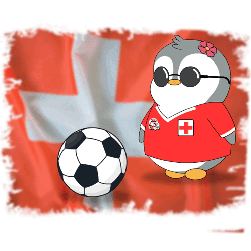 Penguin in Sunglasses and Red Cross Shirt Next to Soccer Ball
