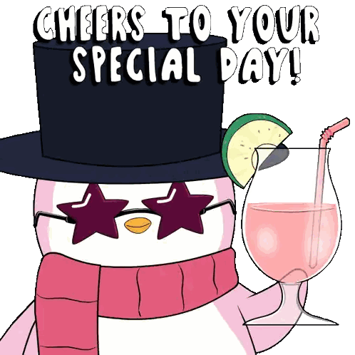 Penguin in Sunglasses and Top Hat Holding Pink Drink